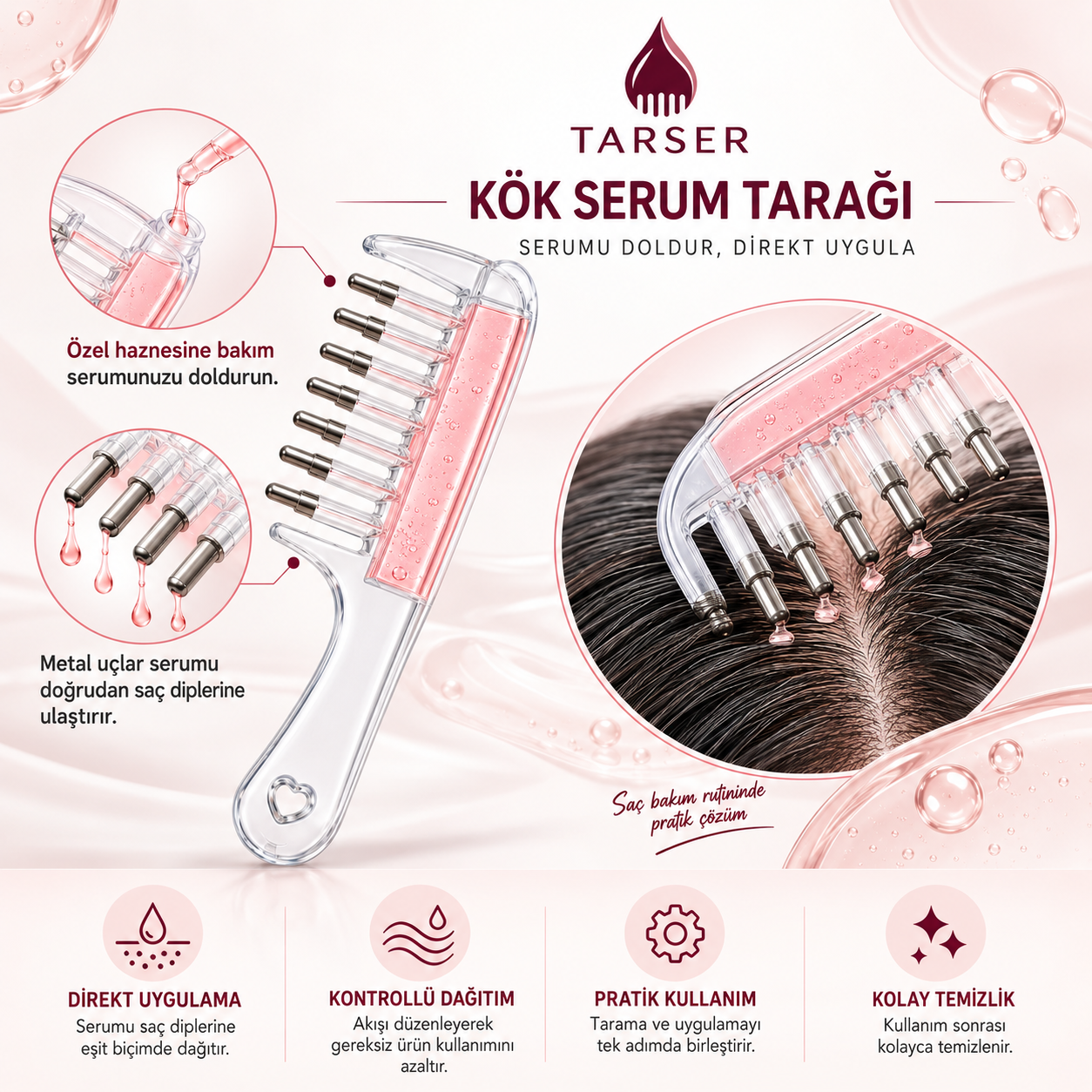 Tarser Kök Serum Tarağı – Güçlü, Gür ve Sağlıklı Saçlar İçin